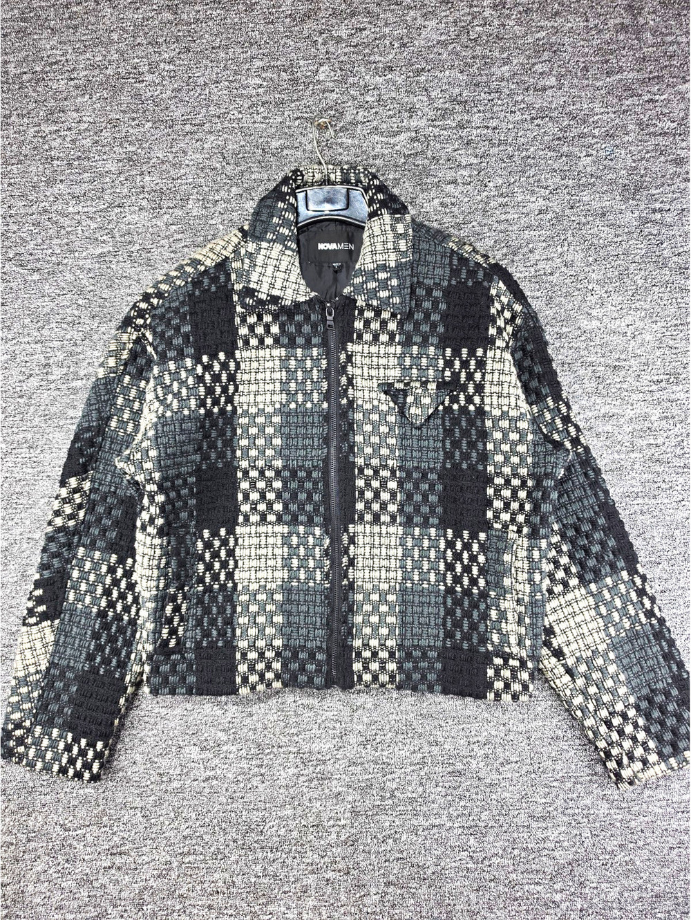 NOVAMEN Jacket Men’s L Black White Plaid/Check Full Zip Pockets Long Sleeve